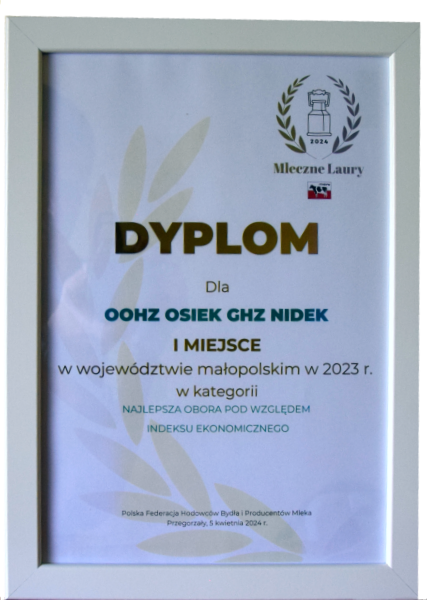 Maopolskie Mleczne Laury 2024 - Dyplom OHZ w Osieku